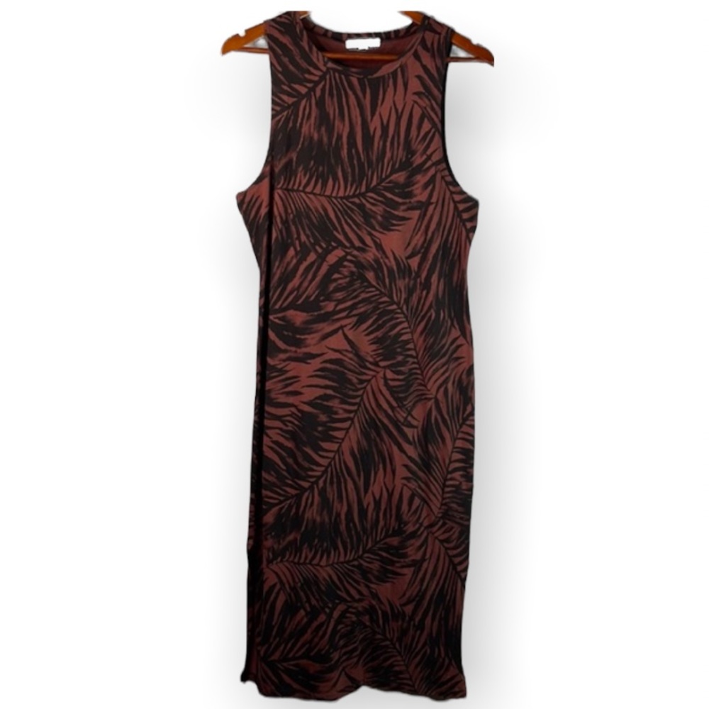 Vans Fern Tropical Print Midi Dress brown black sleeveless side slits beach L